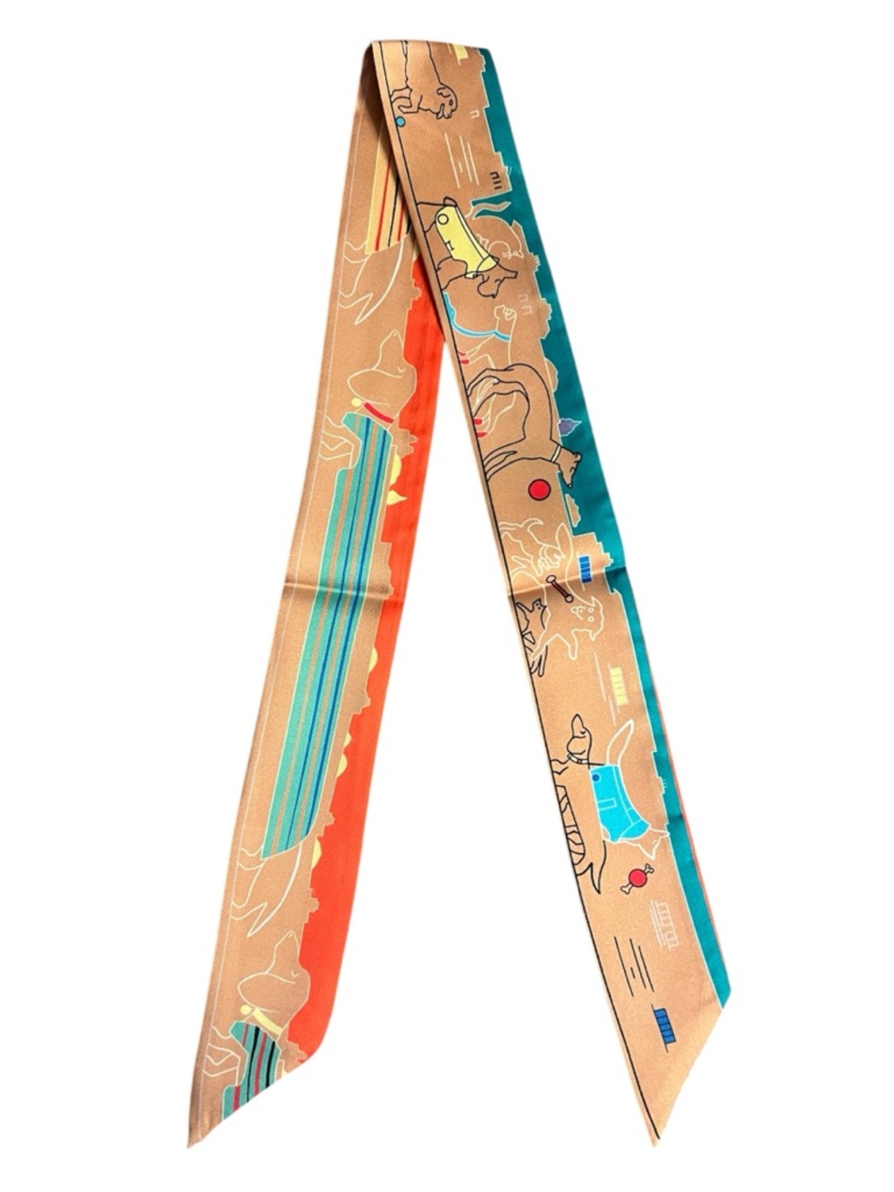 HERMES Les Chiens Parisiens Parisian Dog Silk Twilly Scarf/Muffler, Beige,